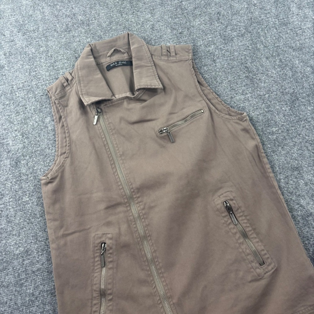 Max Jeans‎ Moto Vest Size S Brown Asymmetrical Zip Cotton Twill Womens